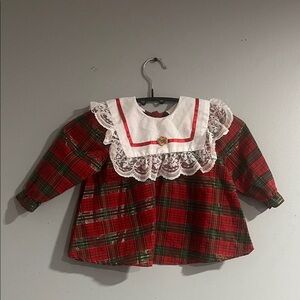Wee Winner Vintage Festive Plaid Kids Top with Lace Collar 18 months